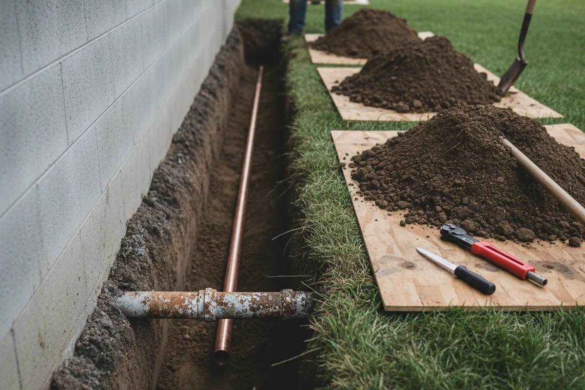 Excavated water line trench during Sewer Line Repair in Chickamauga